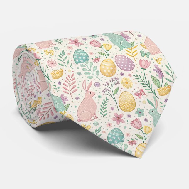 Cute Easter Bunnies with Pastel Eggs and Ferns Neck Tie (Rolled)