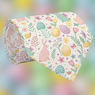 Cute Easter Bunnies with Pastel Eggs and Ferns Neck Tie