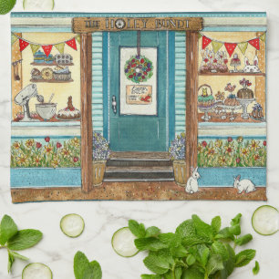Cute Easter Bunny and Bundt Cake Shop Watercolor Kitchen Towel