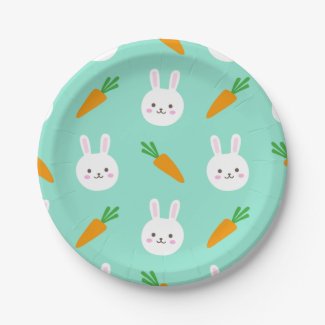 Cute easter bunny and carrots on aqua pattern paper plate