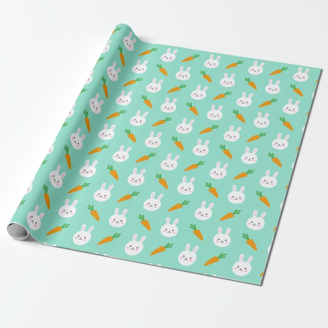 Cute easter bunny and carrots on aqua pattern wrapping paper (Unrolled)