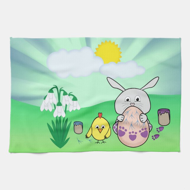 Cute Easter Bunny and chick Coloring Easter Egg Towel (Horizontal)