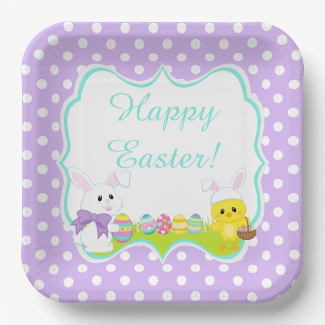 Cute Easter Bunny and Chick Easter Egg Hunt Paper Plates (Front)