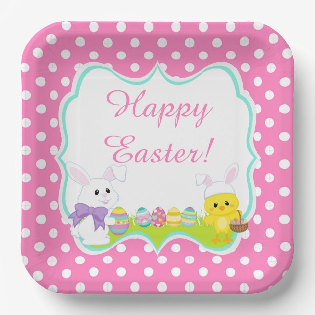 Cute Easter Bunny and Chick Easter Egg Hunt Paper Plates (Front)