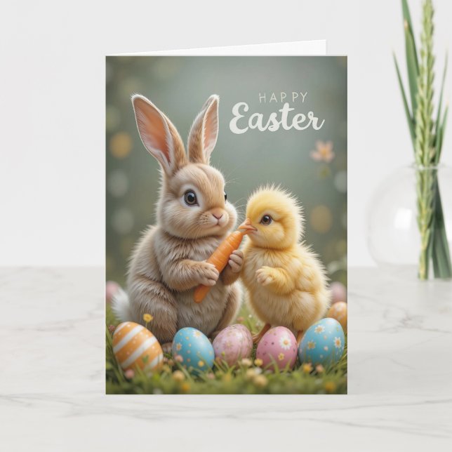 Cute Easter Bunny and Chick  Holiday Card (Front)