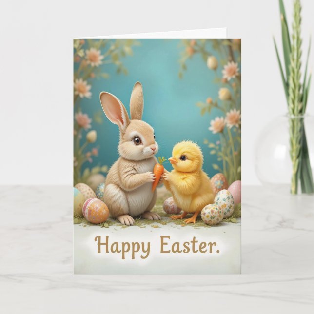 Cute Easter Bunny and Chick Pastel  Holiday Card (Front)