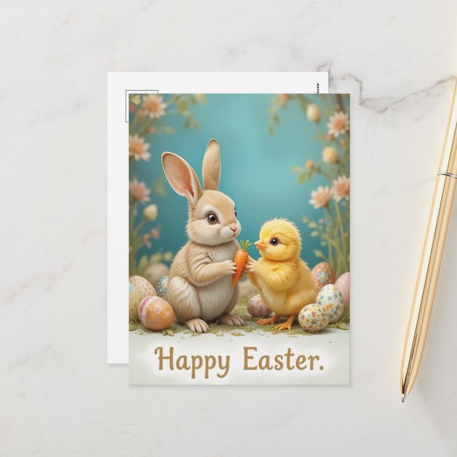 Cute Easter Bunny and Chick Pastel  Holiday Postcard (Front/Back In Situ)