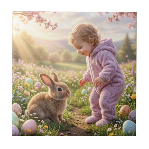 Cute Easter Bunny and Child Ceramic Tile