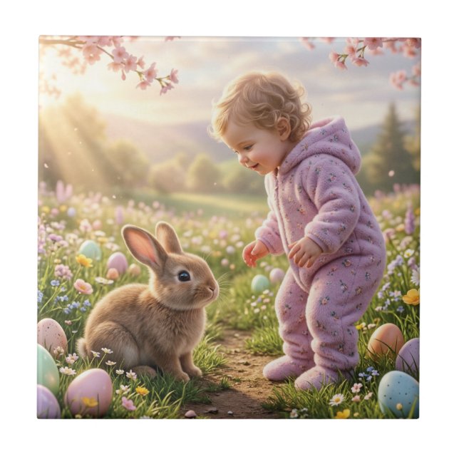 Cute Easter Bunny and Child Ceramic Tile (Front)