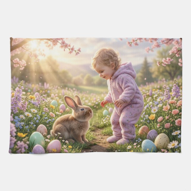 Cute Easter Bunny and Child Kitchen Towel (Horizontal)