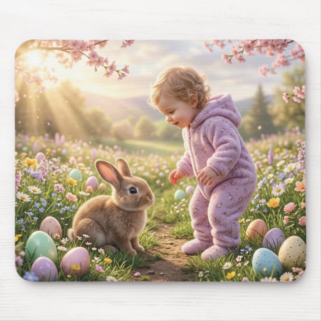 Cute Easter Bunny and Child Mouse Pad (Front)