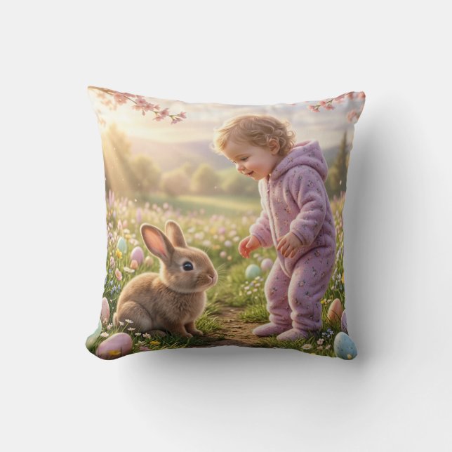 Cute Easter Bunny and Child Throw Pillow (Front)
