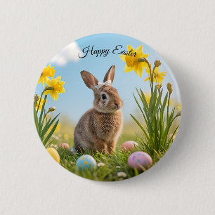 Cute Easter Bunny and Daffodil Button