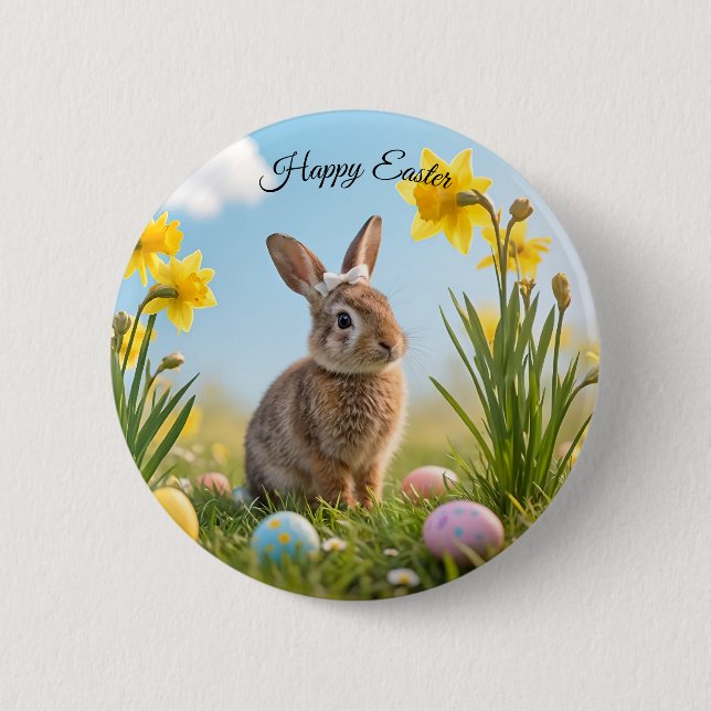 Cute Easter Bunny and Daffodil  Button (Front)