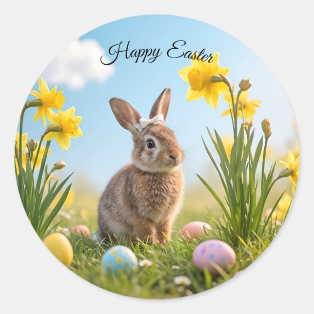 Cute Easter Bunny and Daffodil  Classic Round Sticker (Front)