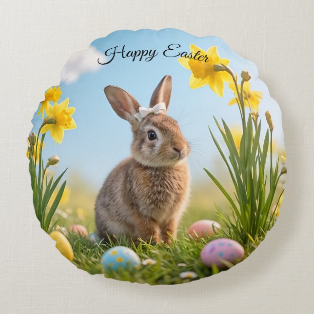 Cute Easter Bunny and Daffodil  Round Pillow (Front)
