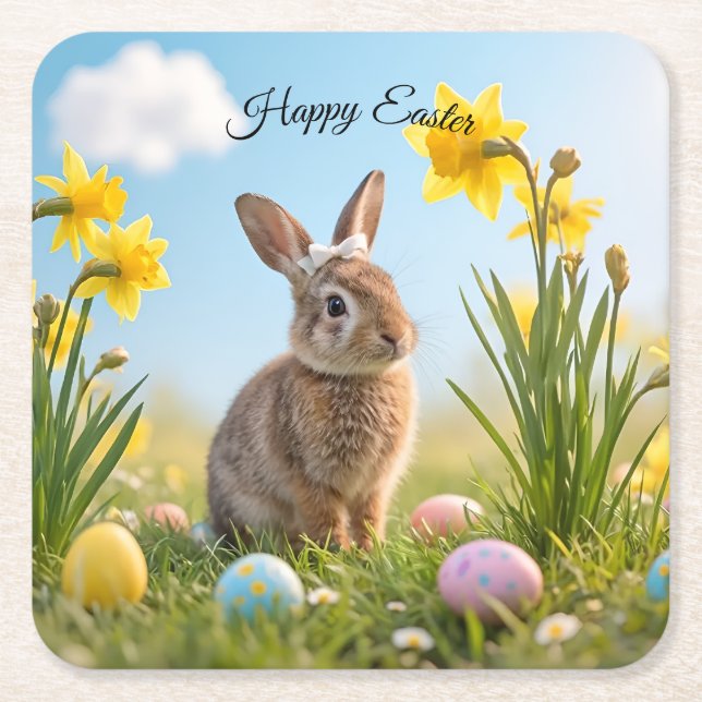 Cute Easter Bunny and Daffodil  Square Paper Coaster (Front)