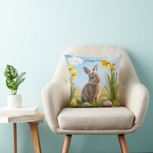 Cute Easter Bunny and Daffodil  Throw Pillow (Chair)