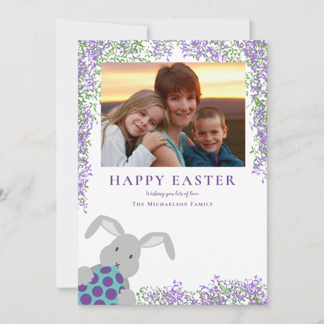 Cute Easter Bunny and Egg Floral Add Photo Holiday Card (Front)