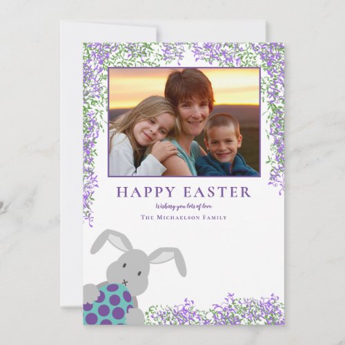 Cute Easter Bunny and Egg Floral Add Photo Holiday Card