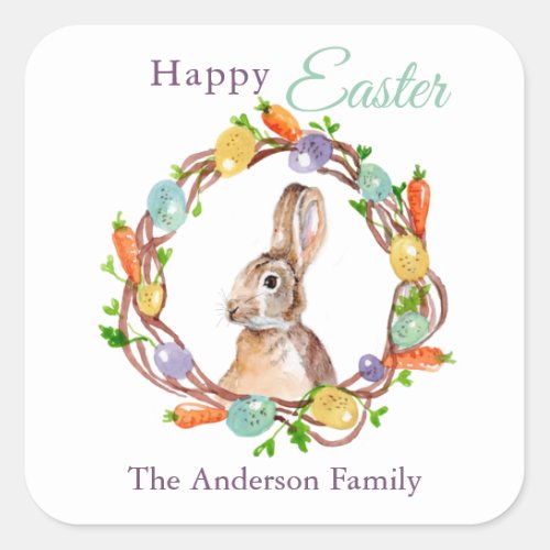 Cute Easter Bunny and egg wreath watercolor Square Sticker