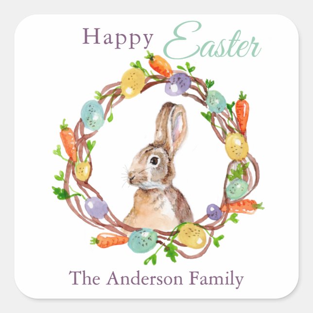 Cute Easter Bunny and egg wreath watercolor Square Sticker (Front)