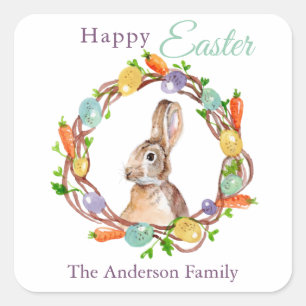 Cute Easter Bunny and egg wreath watercolor Square Sticker