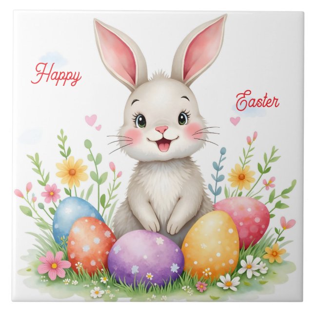 Cute Easter Bunny And Eggs Modern Collection Ceramic Tile (Front)