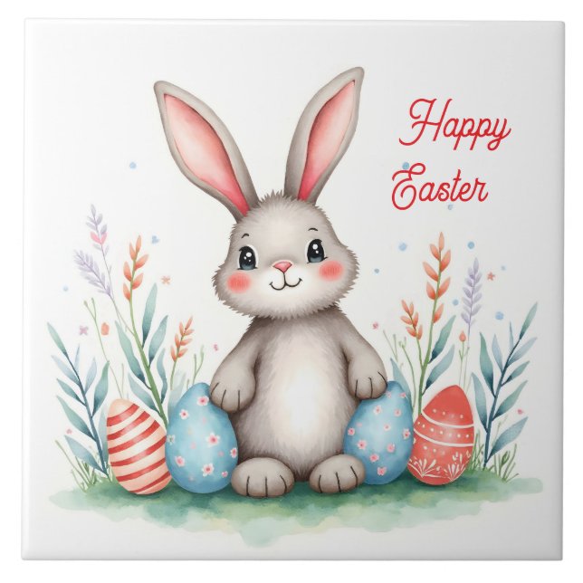 Cute Easter Bunny And Eggs Popular Collection Ceramic Tile (Front)