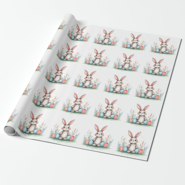 Cute Easter Bunny And Eggs Popular Collection Wrapping Paper (Unrolled)