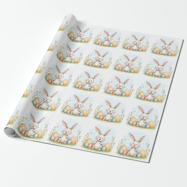 Cute Easter Bunny And Eggs Trendy Collection Wrapping Paper (Unrolled)