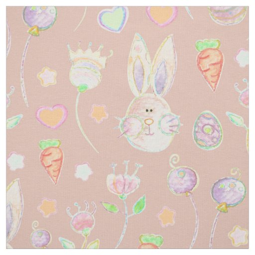 Cute Easter Bunny and Flowers Watercolor Pattern Fabric