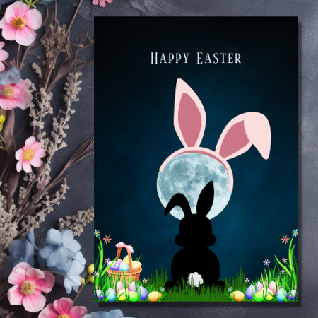 Cute Easter Bunny And Full Moon Happy Easter Card