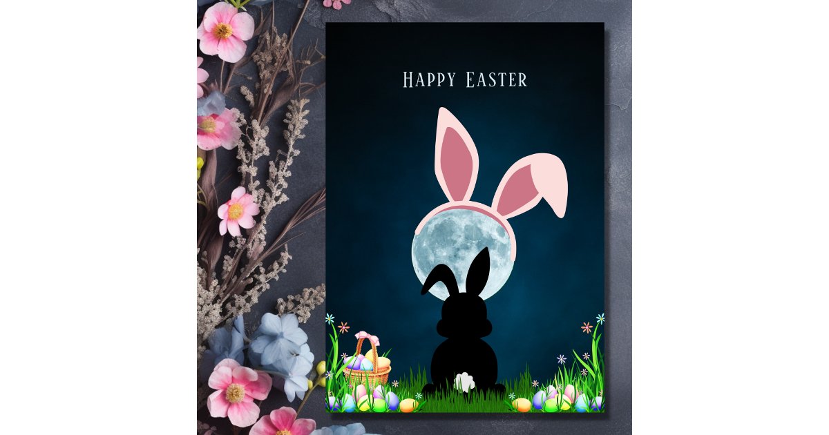 Cute Easter Bunny and Full Moon Happy Easter Card | Zazzle