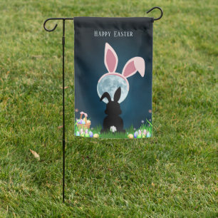 Cute Easter Bunny and Full Moon Happy Easter Garden Flag