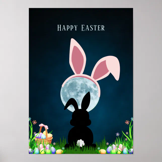 Cute Easter Bunny and Full Moon Happy Easter Poster | Zazzle