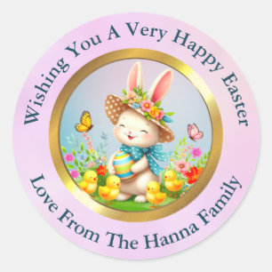Cute Easter Bunny and Happy Spring Flowers Holiday Classic Round Sticker