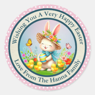 Cute Easter Bunny and Happy Spring Flowers Holiday Classic Round Sticker
