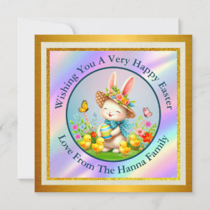 Cute Easter Bunny and Happy Spring Flowers Holiday Invitation