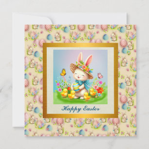 Cute Easter Bunny and Happy Spring Flowers Holiday Invitation