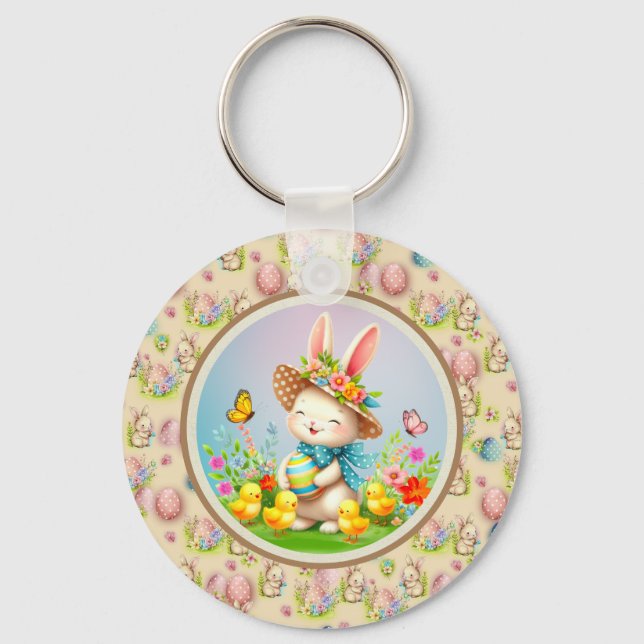 Cute Easter Bunny and Happy Spring Flowers Holiday Keychain (Front)