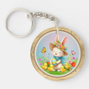 Cute Easter Bunny and Happy Spring Flowers Holiday Keychain