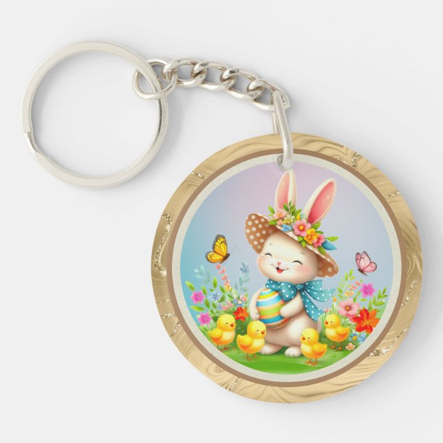 Cute Easter Bunny and Happy Spring Flowers Holiday Keychain (Front)