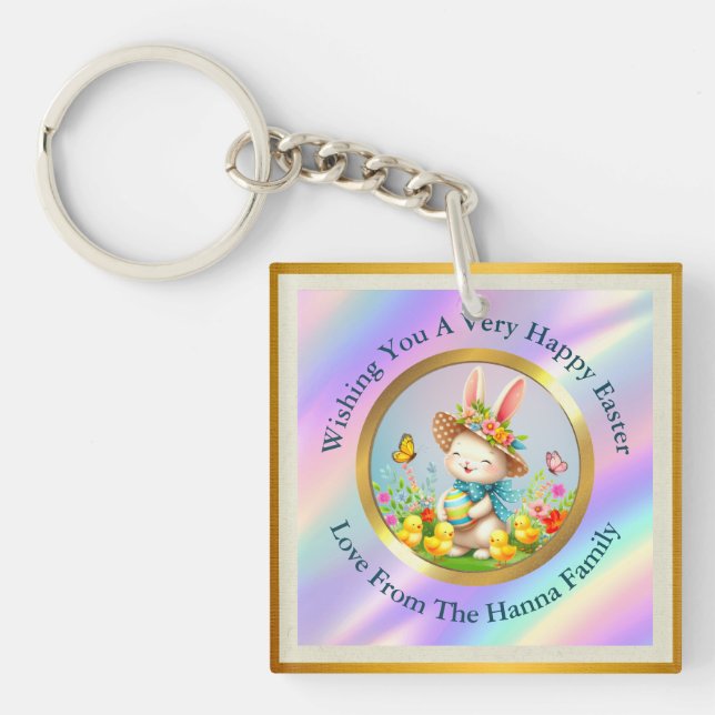 Cute Easter Bunny and Happy Spring Flowers Holiday Keychain (Front)