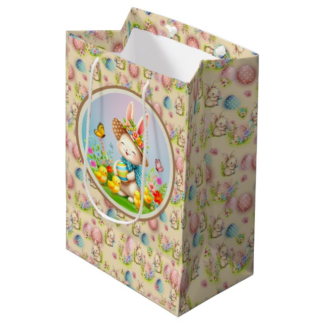 Cute Easter Bunny and Happy Spring Flowers Holiday Medium Gift Bag (Front Angled)