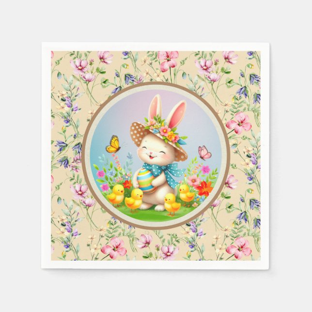 Cute Easter Bunny and Happy Spring Flowers Holiday Napkins (Front)