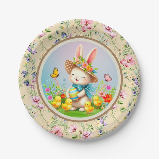 Cute Easter Bunny and Happy Spring Flowers Holiday Paper Plates (Front)