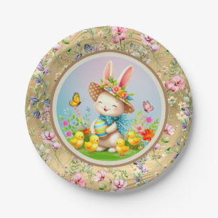 Cute Easter Bunny and Happy Spring Flowers Holiday Paper Plates