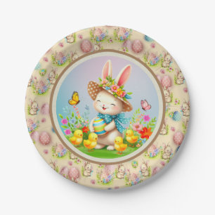 Cute Easter Bunny and Happy Spring Flowers Holiday Paper Plates