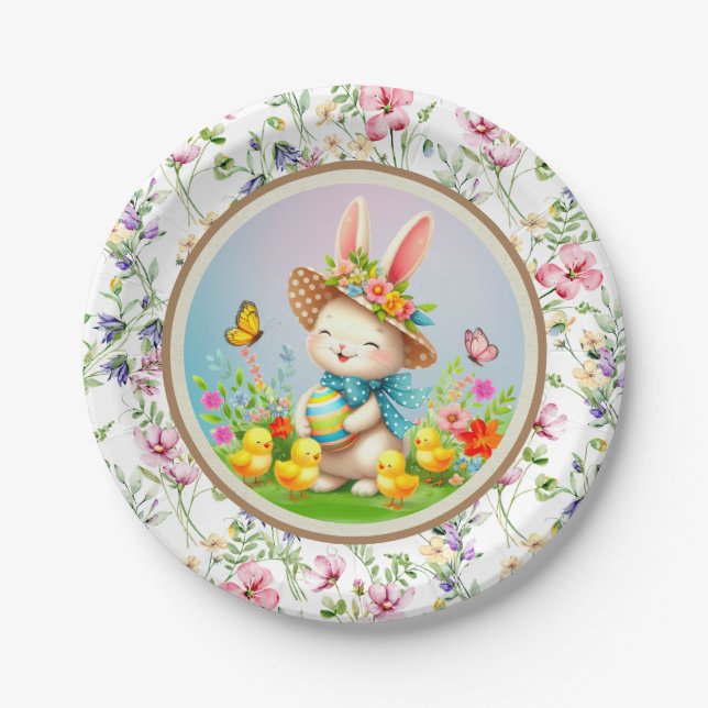 Cute Easter Bunny and Happy Spring Flowers Holiday Paper Plates (Front)